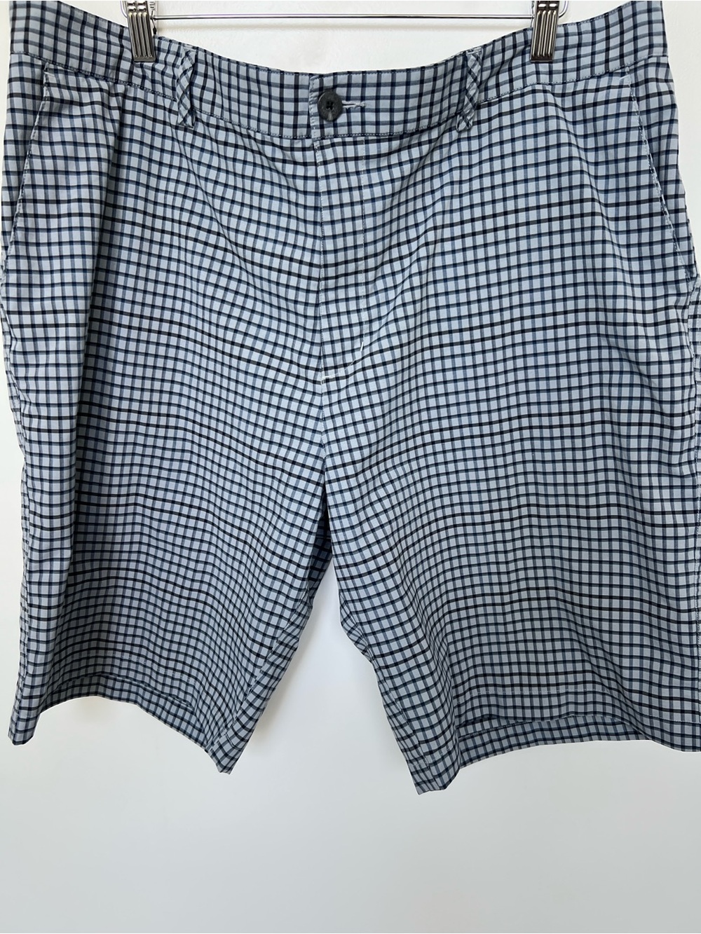 adidas Men's Light Blue and Navy Check Flat Front golf Shorts - Picture 2 of 4